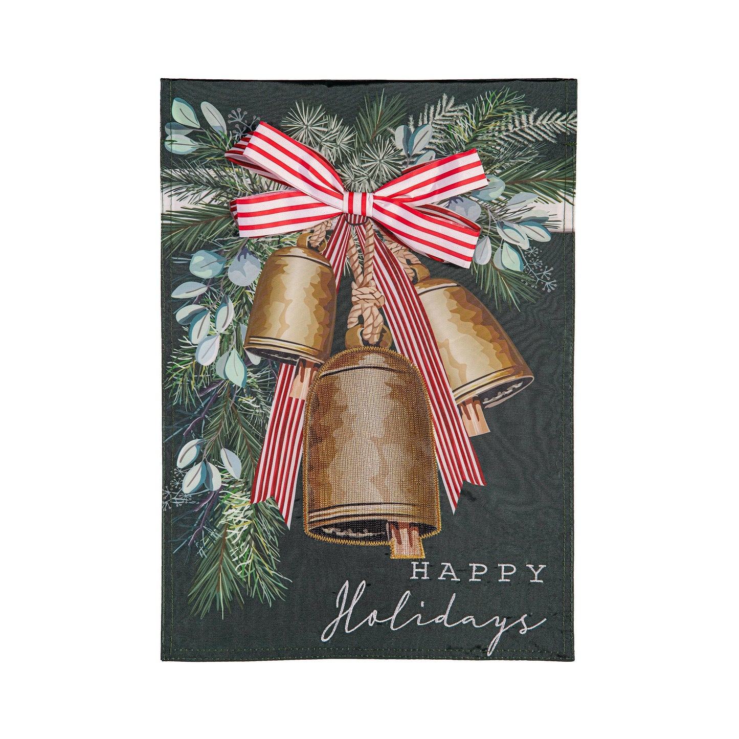 Golden Bells Applique Garden Flag by Evergreen Enterprises with red striped bow greenery on Tampa Home & Garden Store