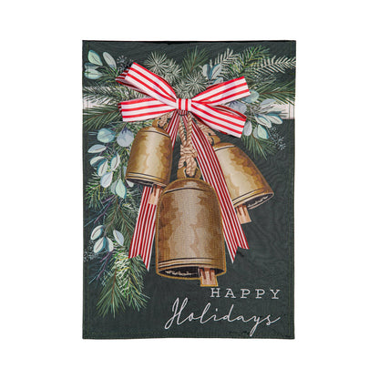 Golden Bells Applique Garden Flag by Evergreen Enterprises with red striped bow greenery on Tampa Home & Garden Store