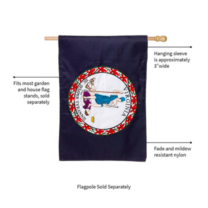 Virginia State Flag Applique Flag on blue nylon garden flag with wooden pole on Tampa Home & Garden Store