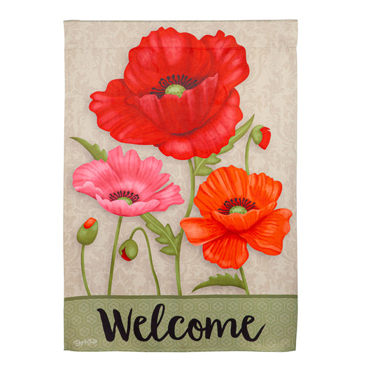 Poppy Welcome Suede House Flag red poppies on beige damask with green trim Evergreen Enterprises on Tampa Home & Garden Store
