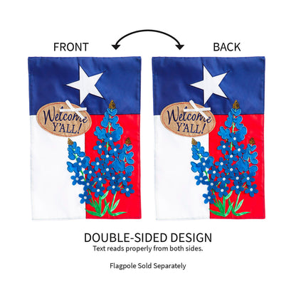 Texas Blue Bonnets Garden Applique Flag double‑sided with Welcome Y'all and bluebonnets Evergreen on Tampa Home & Garden Store