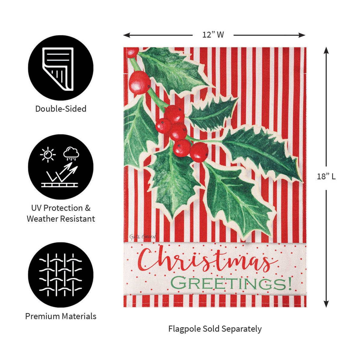 Christmas Greetings Burlap Garden Flag holly berries on red stripes Evergreen Enterprises on Tampa Home & Garden Store