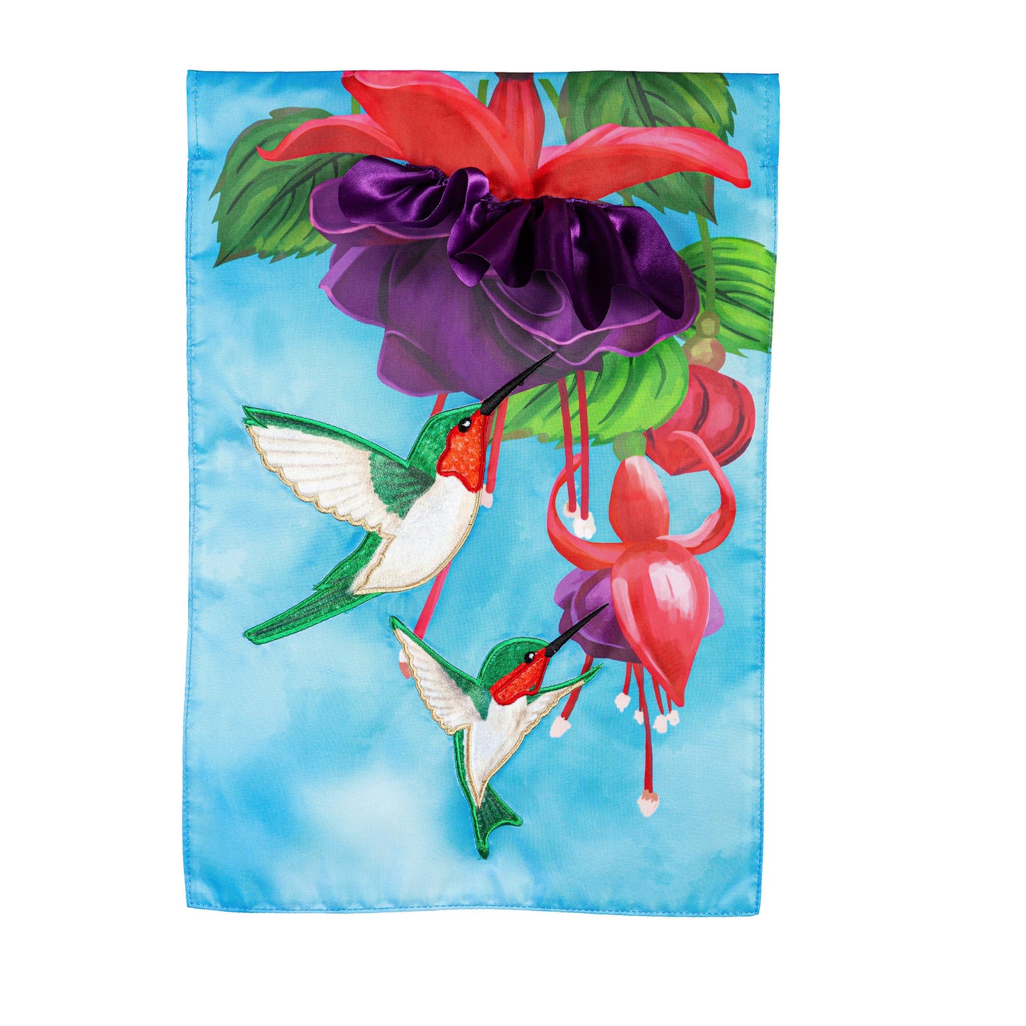 Hummingbirds Applique House Flag blue background with purple bow accent on Tampa Home & Garden Store