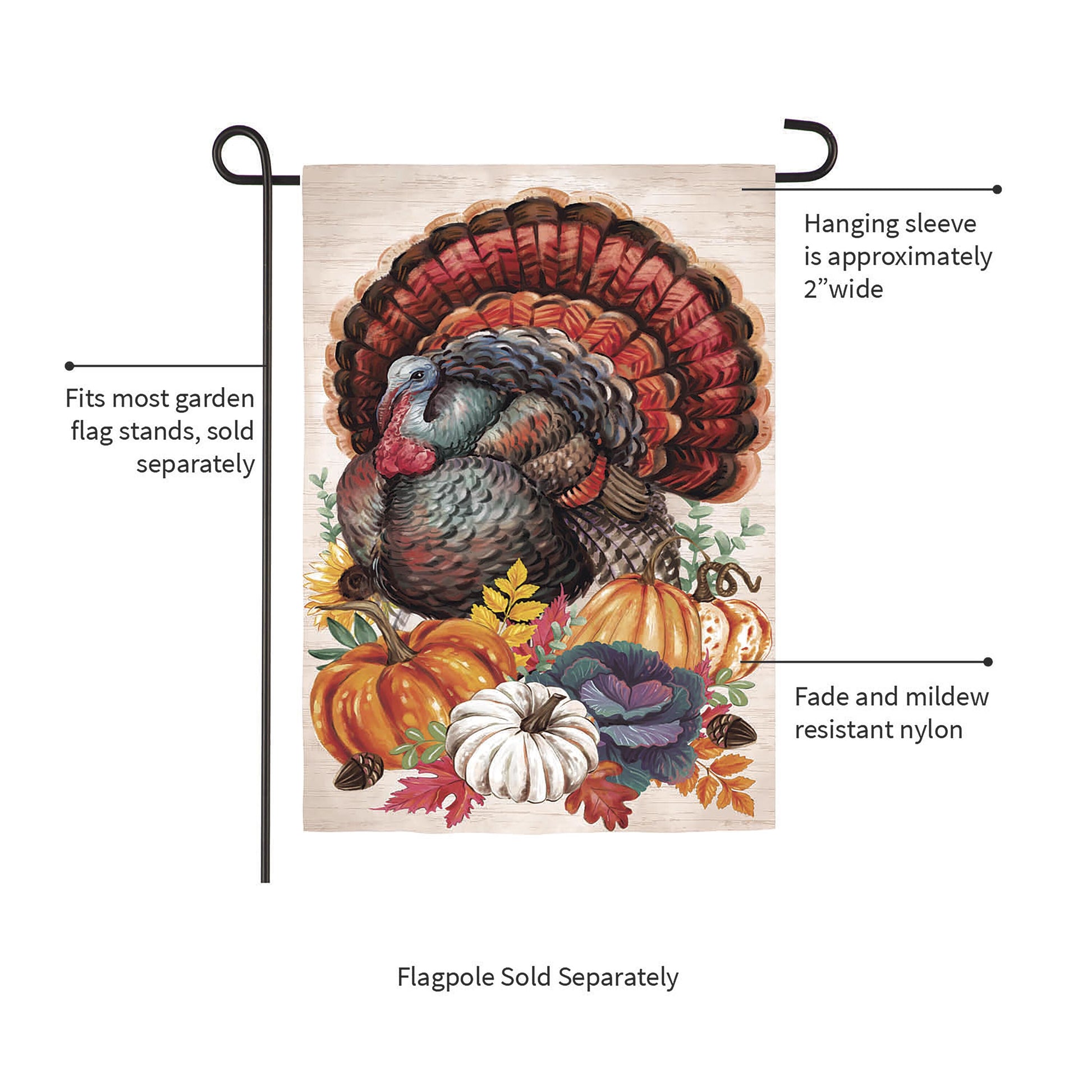 Elaborate Turkey Applique Garden Flag with vivid turkey and pumpkins on wood backdrop on Tampa Home & Garden Store