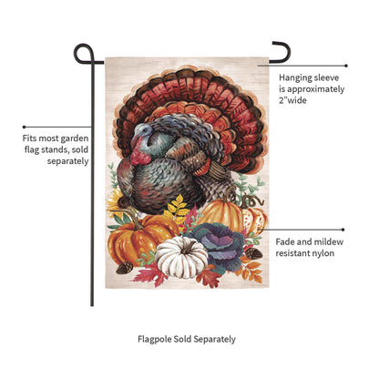 Elaborate Turkey Applique Garden Flag with vivid turkey and pumpkins on wood backdrop on Tampa Home & Garden Store