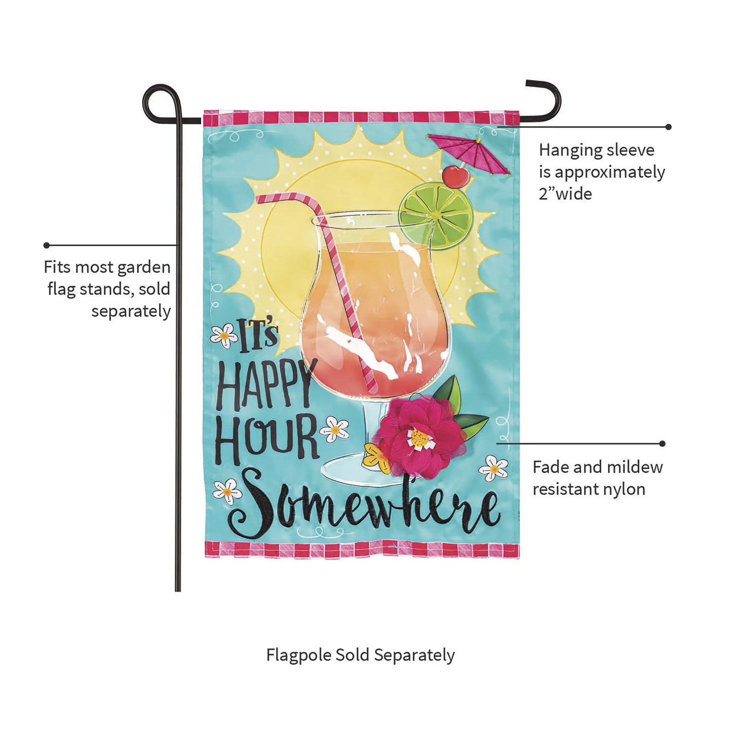 It's Happy Hour Somewhere Applique garden flag Evergreen with tropical cocktail motif on Tampa Home & Garden Store