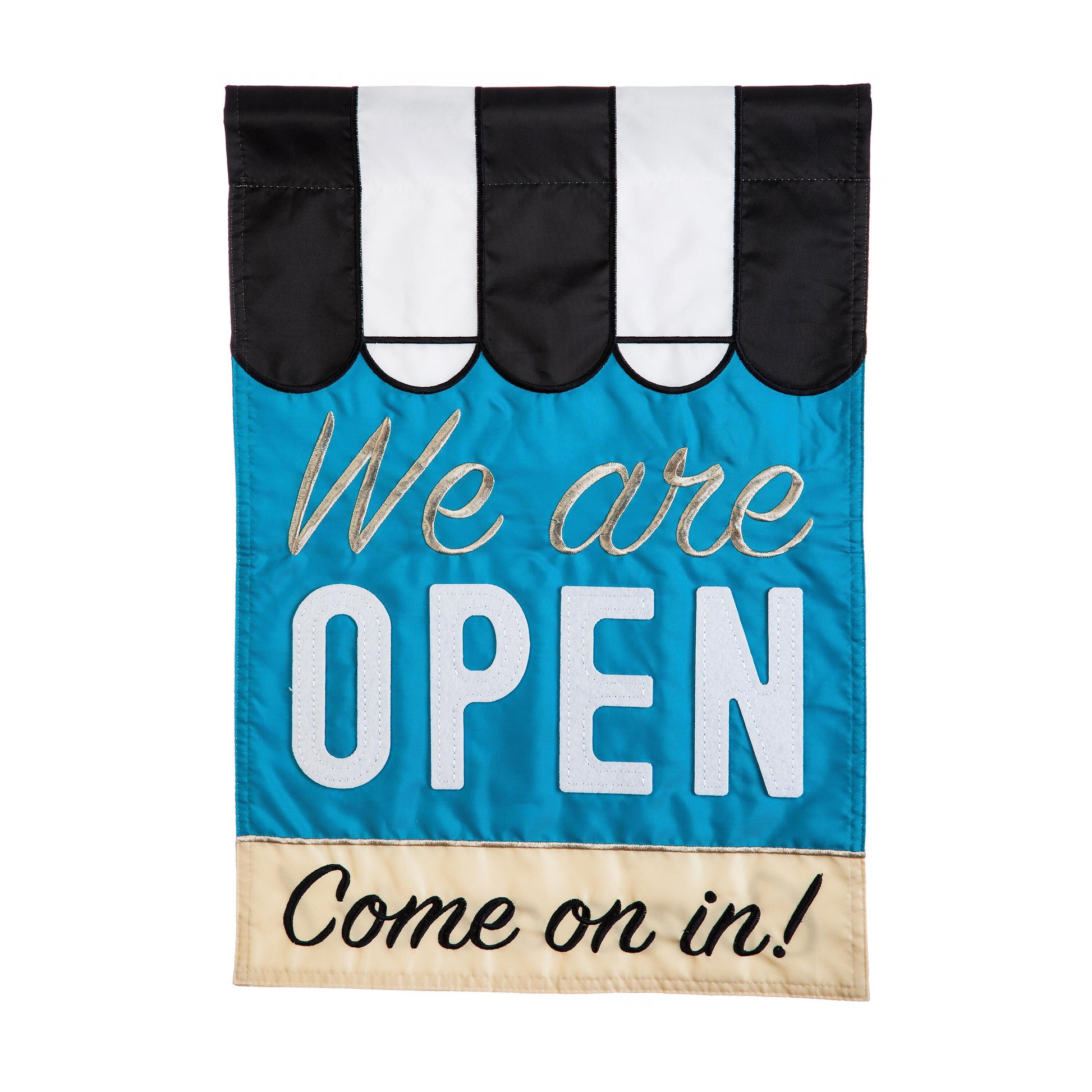 We Are Open applique garden flag blue field with black and white stripes by Evergreen on Tampa Home & Garden Store