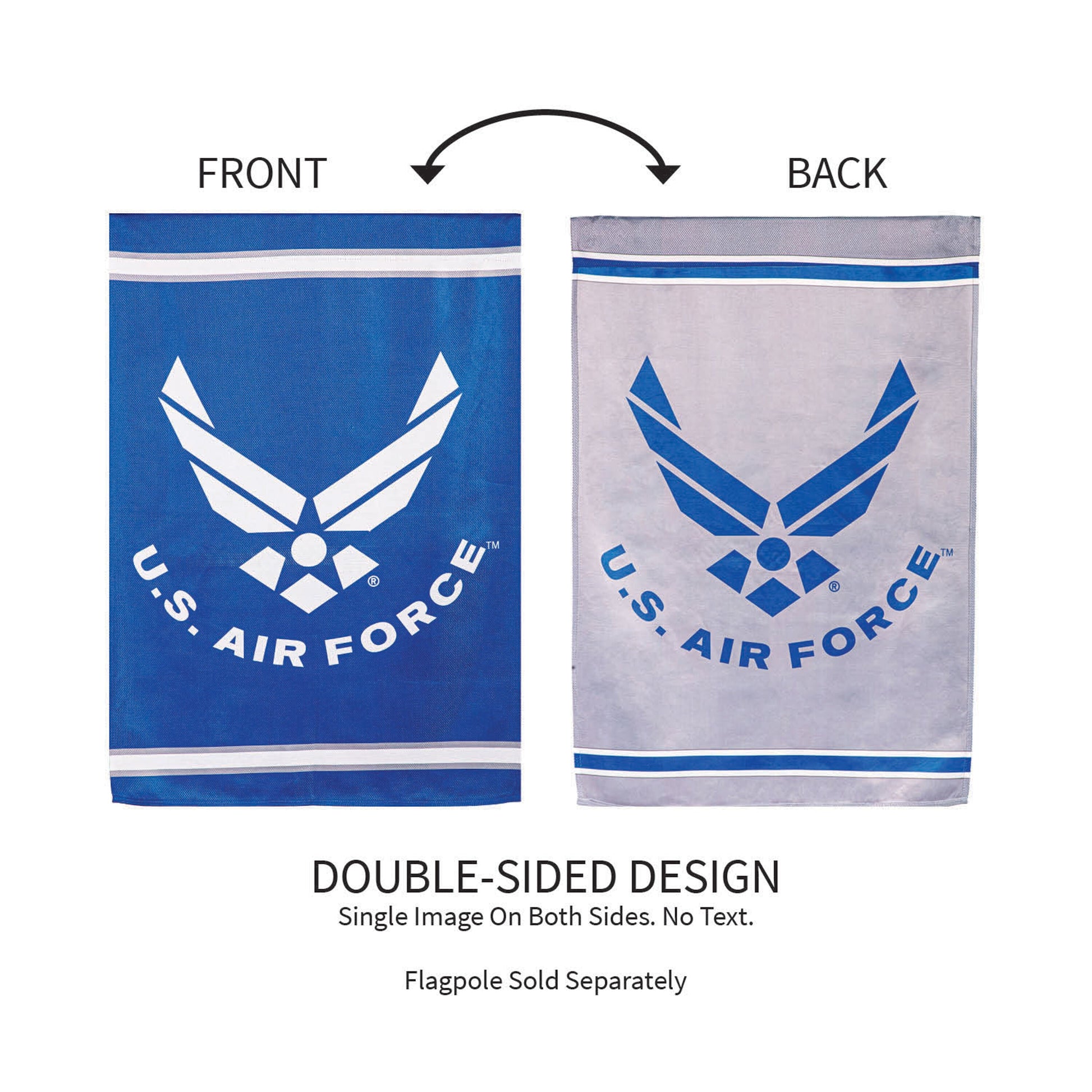 Embossed suede flag, GDN size, Air Force; blue front with white emblem, double-sided design on Tampa Home & Garden Store