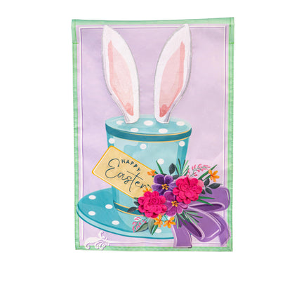 Happy Easter Floral Hat Applique Garden Flag lavender panel with bunny ears on Tampa Home & Garden Store