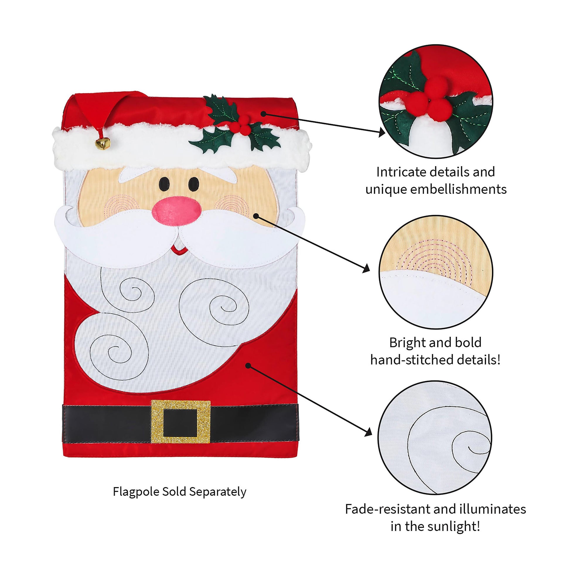 Santa Claus applique flag with red hat, white fur trim and holly by Evergreen Enterprises on Tampa Home & Garden Store