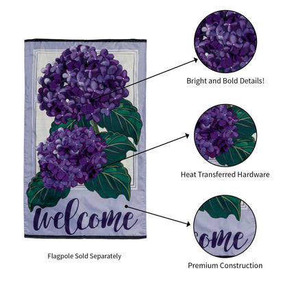 Hydrangea Welcome House Applique Flag by Evergreen Enterprises purple hydrangea on lavender on Tampa Home & Garden Store