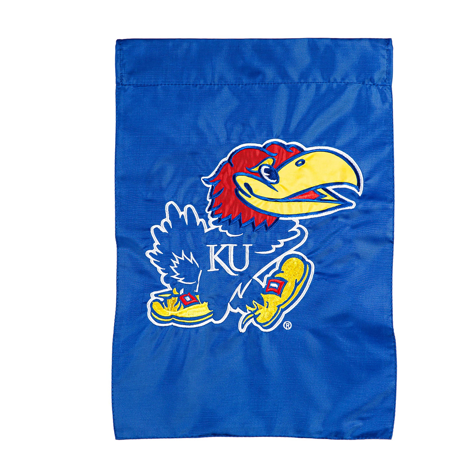 University of Kansas applique garden flag with Jayhawks mascot on blue Evergreen Enterprises on Tampa Home & Garden Store