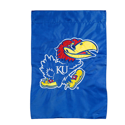 University of Kansas applique garden flag with Jayhawks mascot on blue Evergreen Enterprises on Tampa Home & Garden Store
