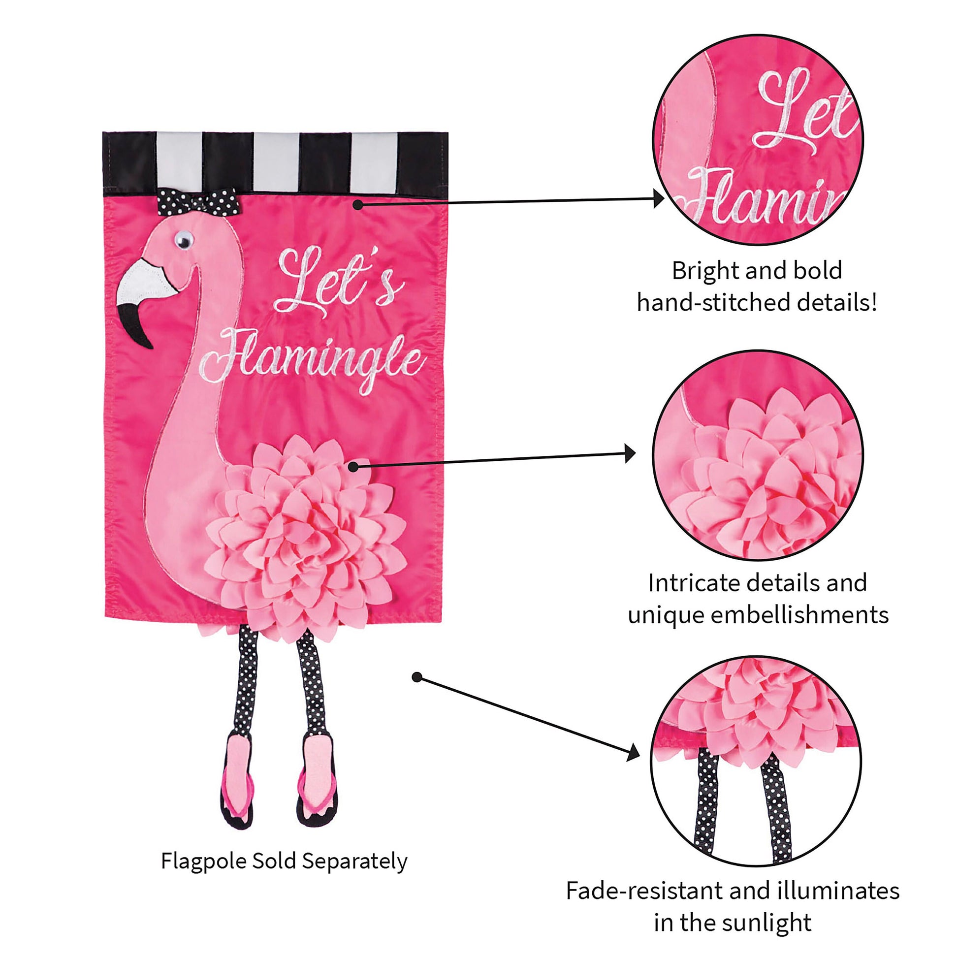 Let's Flamingle Garden Applique Flag pink flamingo with white script and pink flower accents on Tampa Home & Garden Store