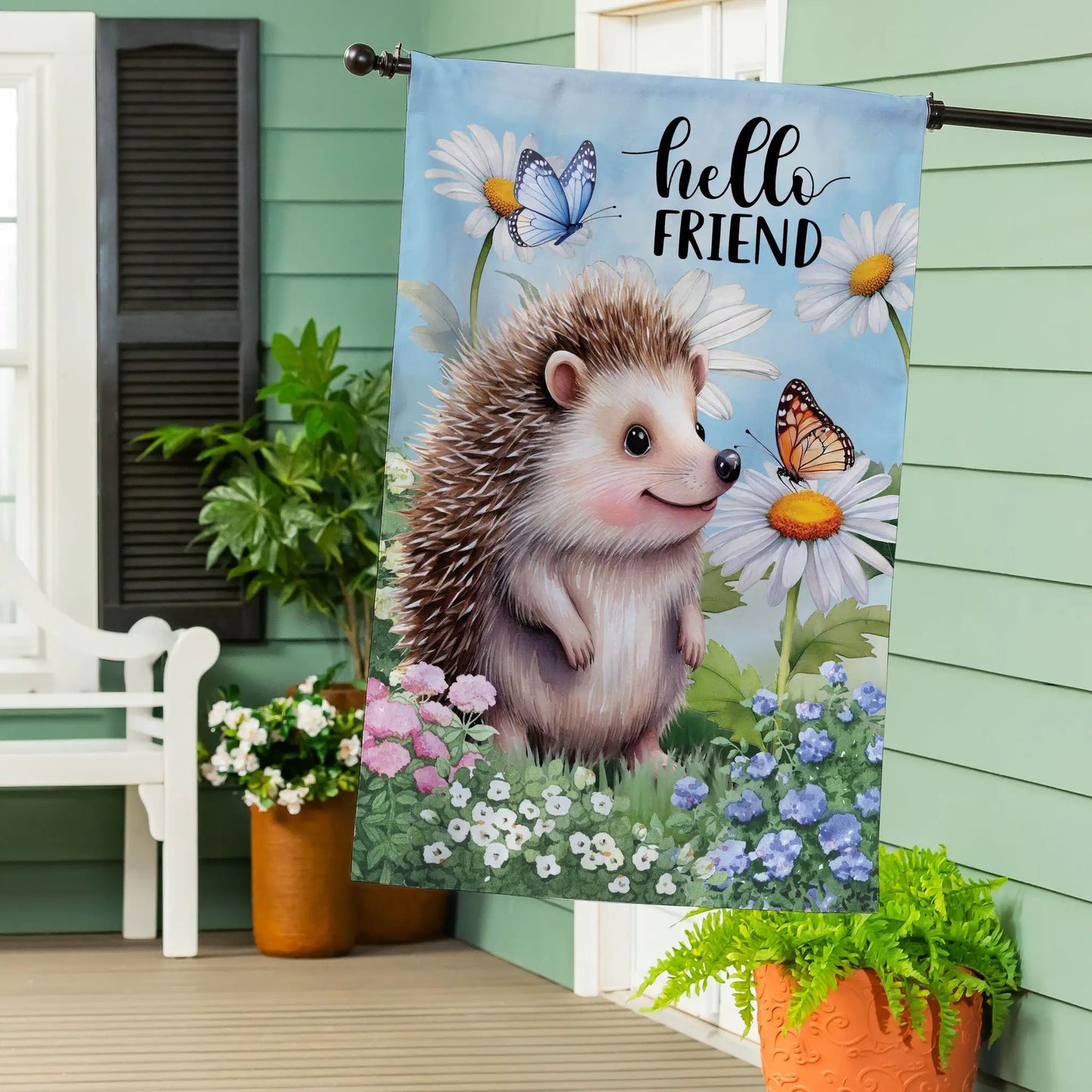 Hedgehog and Daisies Burlap House Flag, Evergreen Enterprises, blue floral scene on Tampa Home & Garden Store