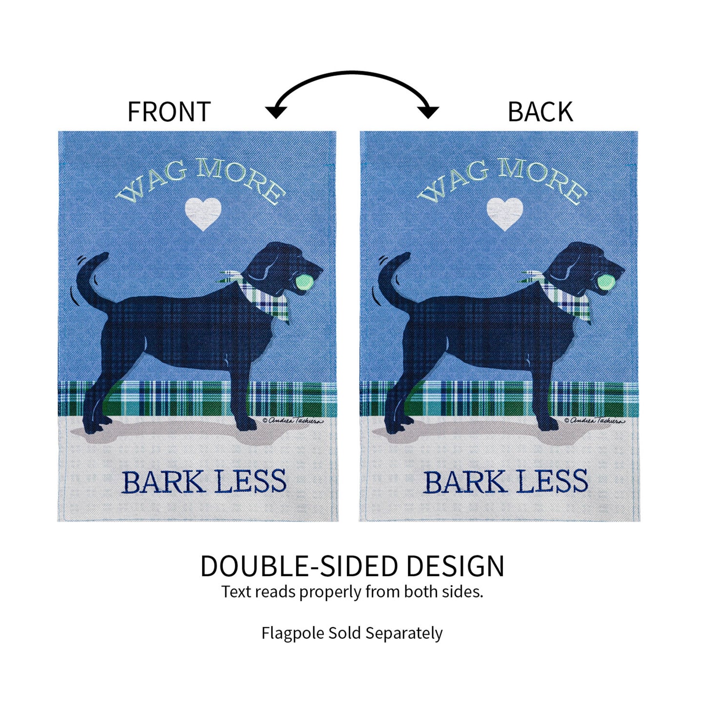 Wag More Bark Less garden burlap flag pair, blue double-sided design on Tampa Home & Garden Store