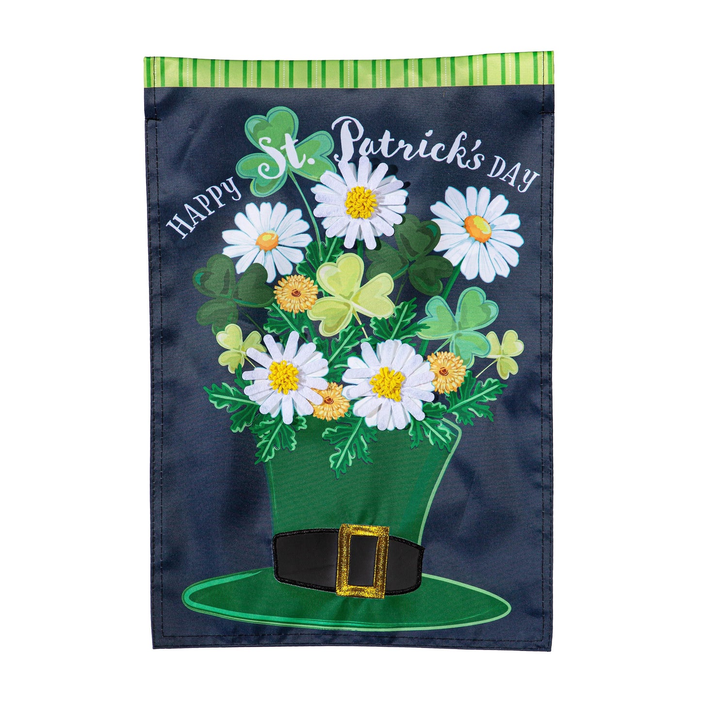 Applique garden flag Happy St. Patrick's Day with daisies and clovers on navy background on Tampa Home & Garden Store