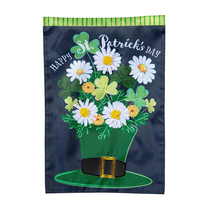 Applique garden flag Happy St. Patrick's Day with daisies and clovers on navy background on Tampa Home & Garden Store