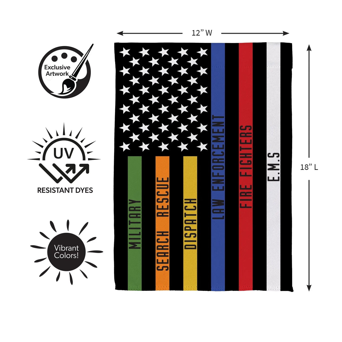 Responders Thin Line Garden Suede Flag with star field and blue red orange yellow green stripes on Tampa Home & Garden Store