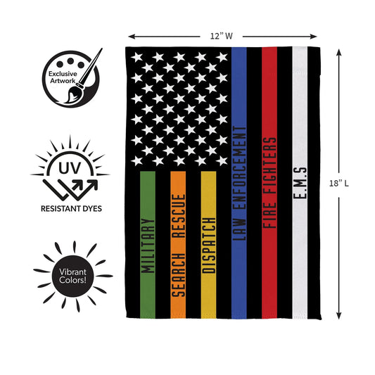 Responders Thin Line Garden Suede Flag with star field and blue red orange yellow green stripes on Tampa Home & Garden Store