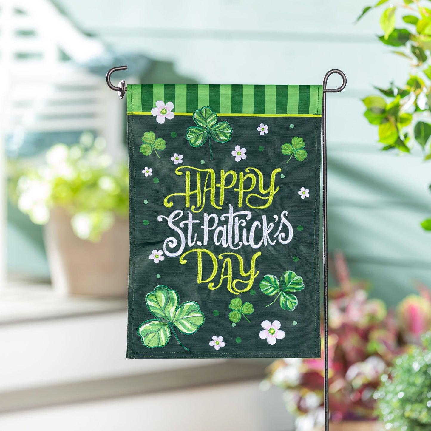 Happy St Patrick's Day Shamrocks Applique Garden Flag with green striped background and clovers on Tampa Home & Garden Store