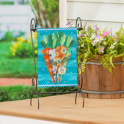 Applique garden flag Bunny Bait Bunch with colorful carrot motif on turquoise background on Tampa Home & Garden Store