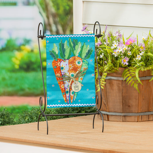 Applique garden flag Bunny Bait Bunch with colorful carrot motif on turquoise background on Tampa Home & Garden Store
