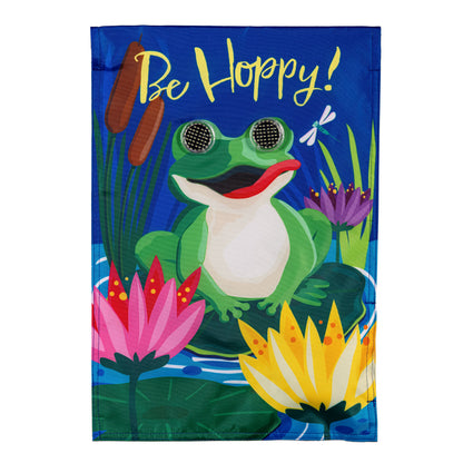 Animated Be Hoppy Applique Lighted Garden Flag with blue tropical frog scene, Be Happy text, and LED eyes on Tampa Home & Garden Store