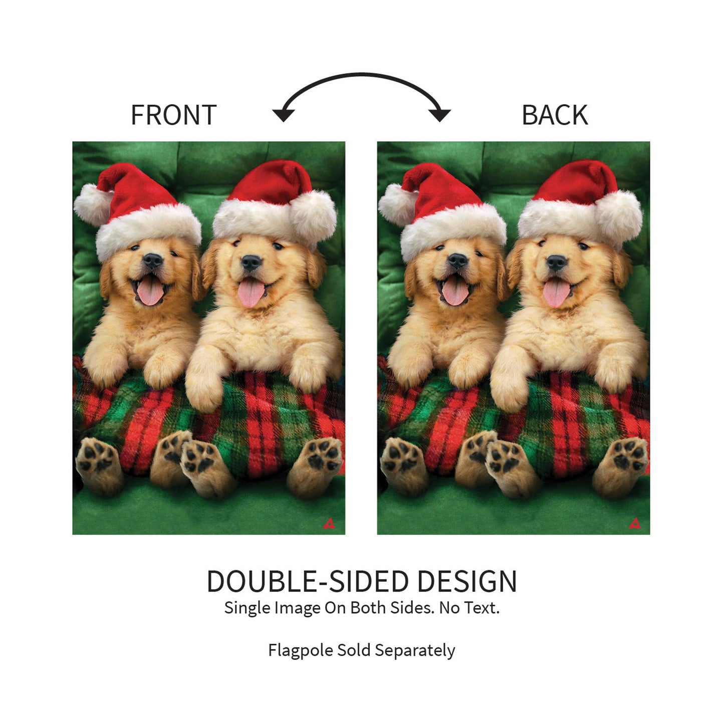 Cozy Goldies Lustre Garden Flag double-sided with two dogs in Santa hats on green plaid on Tampa Home & Garden Store