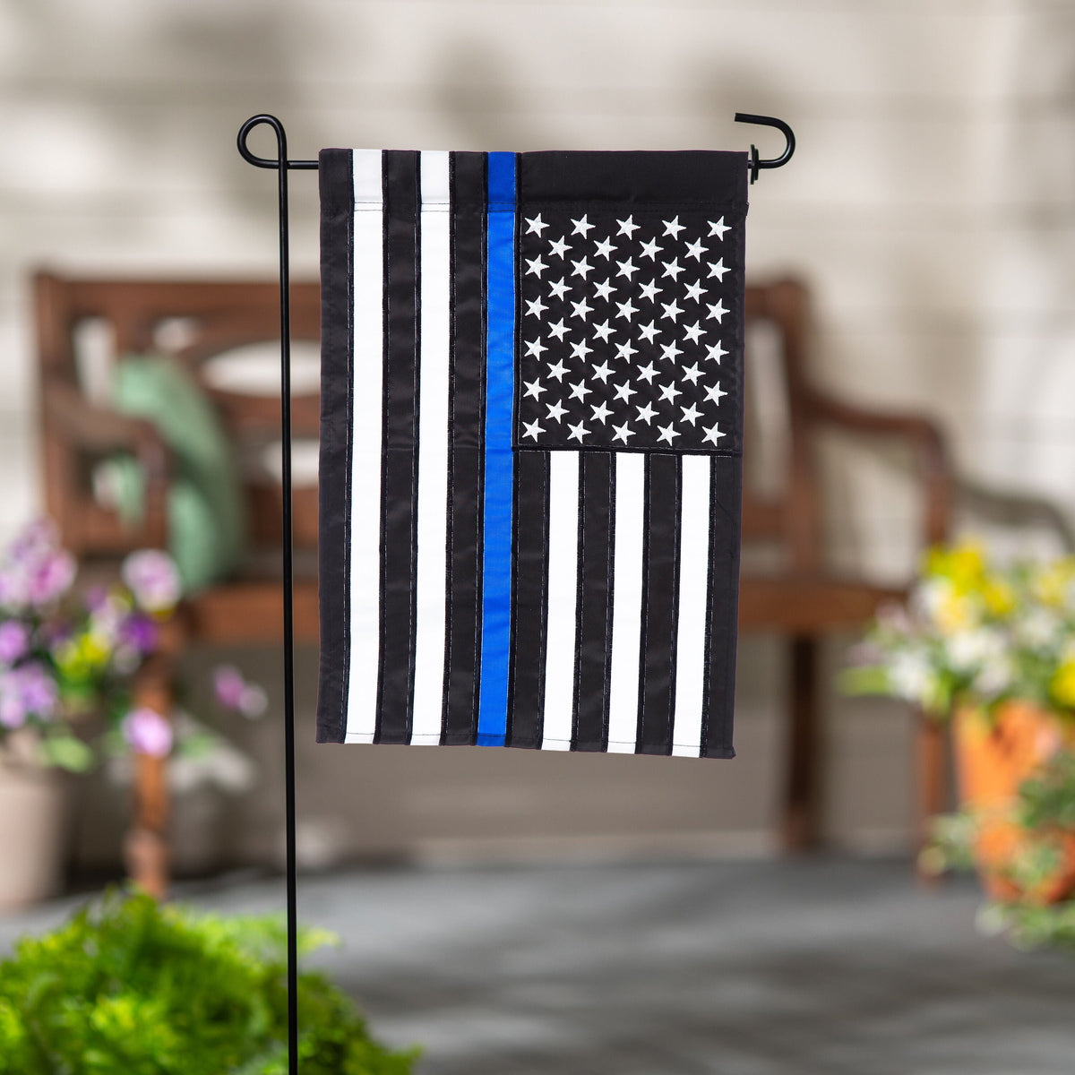 Thin Blue Line Garden Applique Flag with black white stripes, blue stripe, star field on black on Tampa Home & Garden Store