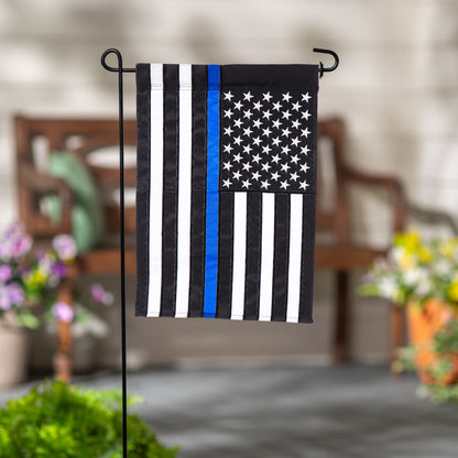 Thin Blue Line Garden Applique Flag with black white stripes, blue stripe, star field on black on Tampa Home & Garden Store