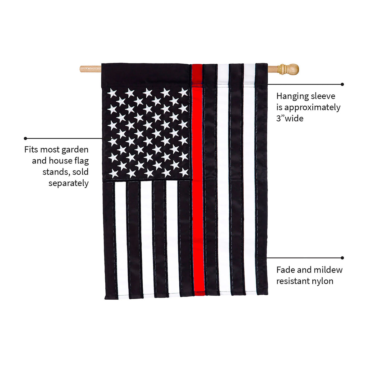 Thin Red Line House Applique Flag; black and white stripes with red center stripe on wood rod on Tampa Home & Garden Store