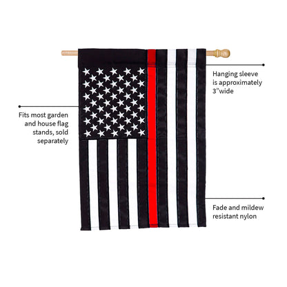 Thin Red Line House Applique Flag; black and white stripes with red center stripe on wood rod on Tampa Home & Garden Store