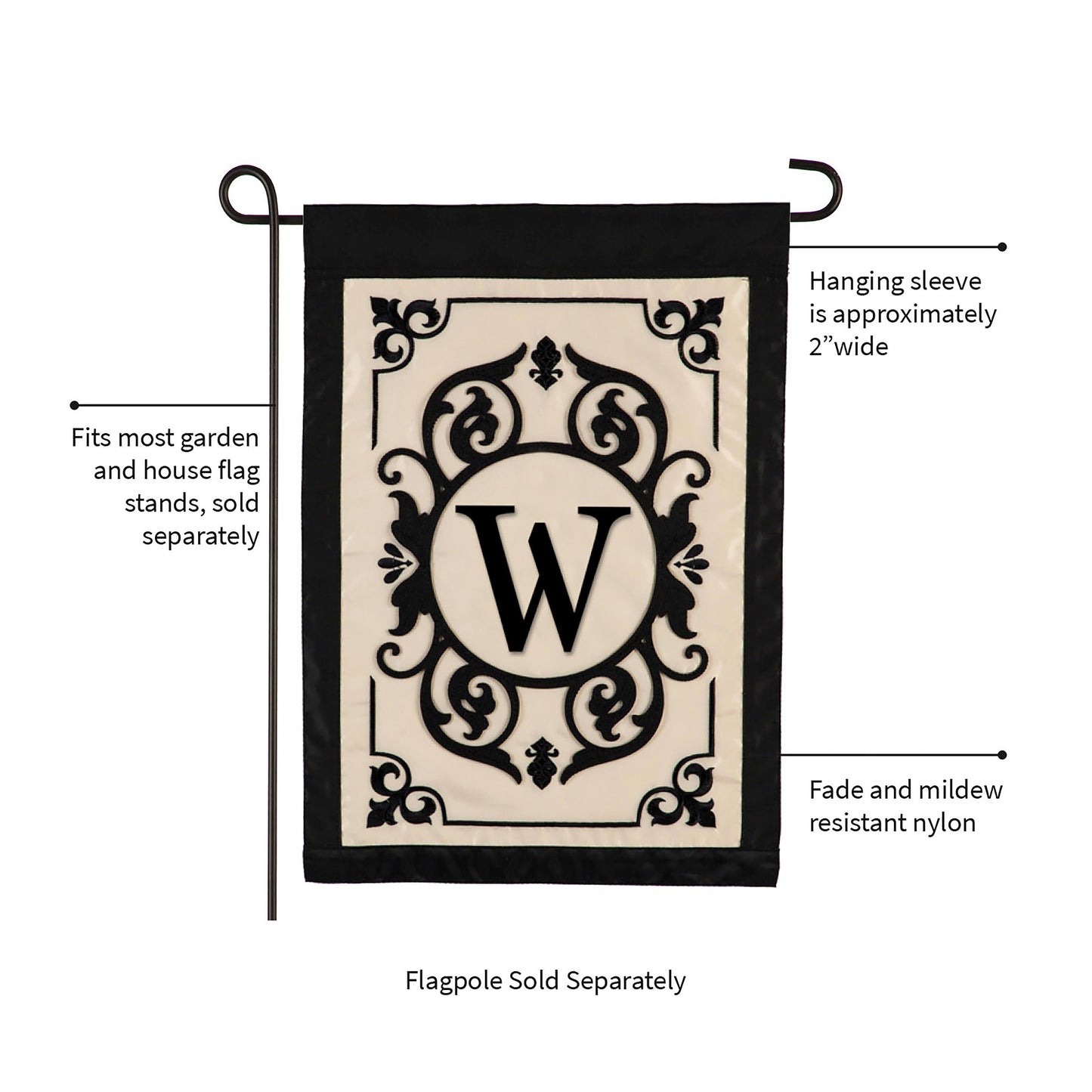 Cambridge Monogram Garden Applique Flag Letter W by Evergreen Enterprises, black border cream on Tampa Home & Garden Store