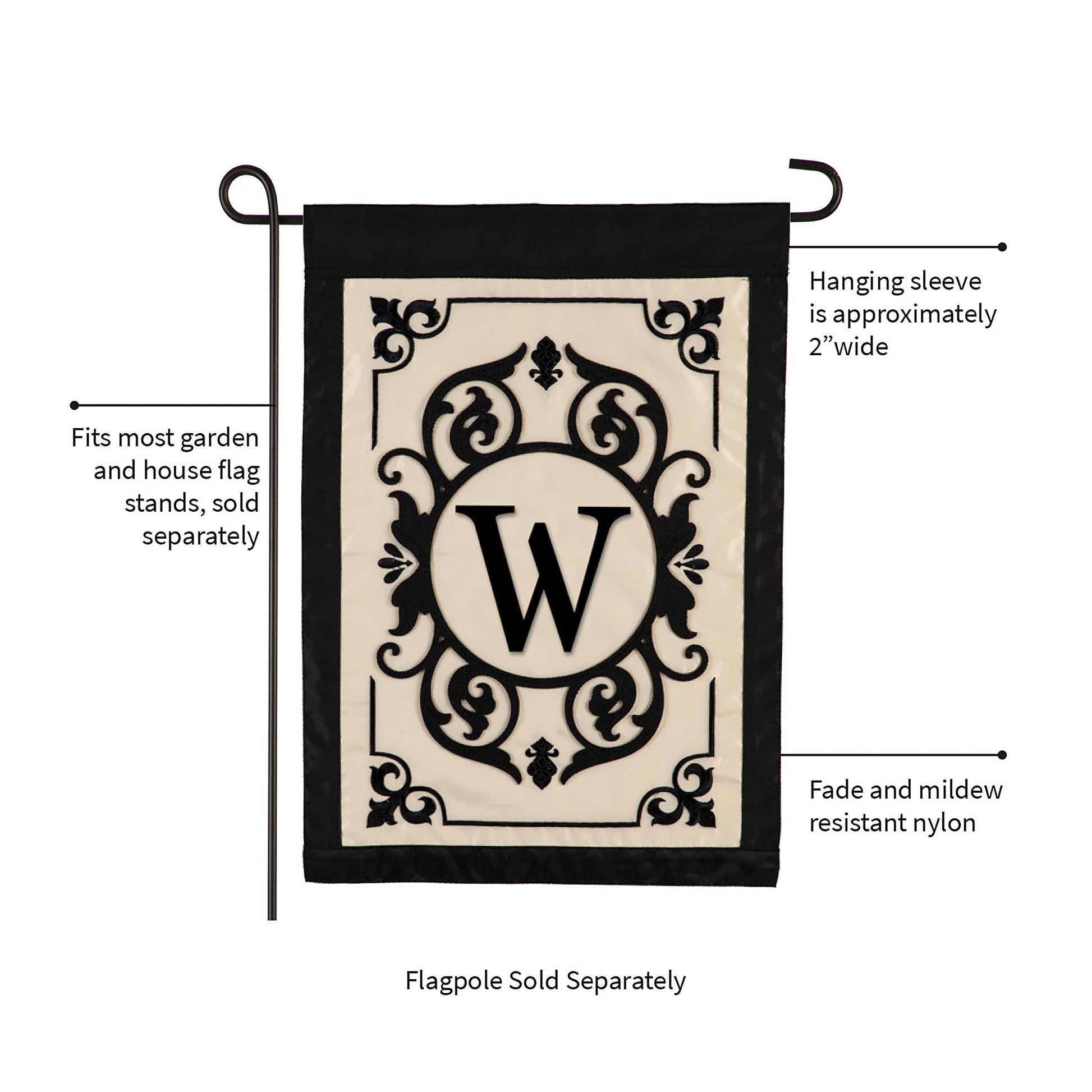 Cambridge Monogram Garden Applique Flag Letter W by Evergreen Enterprises, black border cream on Tampa Home & Garden Store