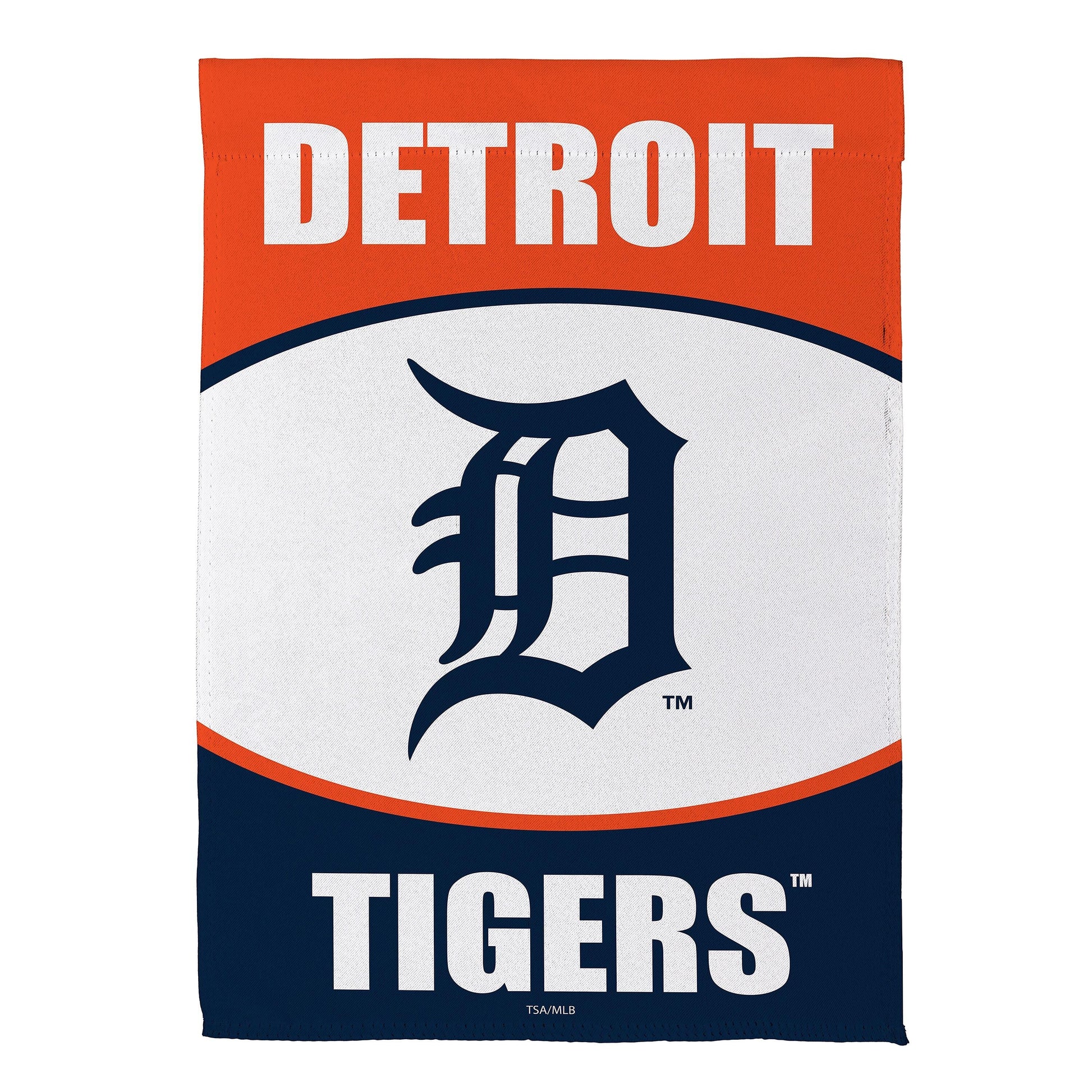 Detroit Tigers Suede Garden Flag orange header with white DETROIT text and navy tiger emblem TIGERS in white on navy bottom on Tampa Home & Garden Store