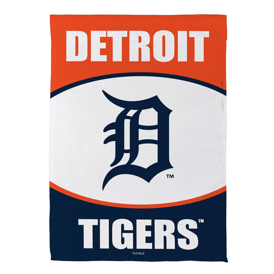 Detroit Tigers Suede Garden Flag orange header with white DETROIT text and navy tiger emblem TIGERS in white on navy bottom on Tampa Home & Garden Store