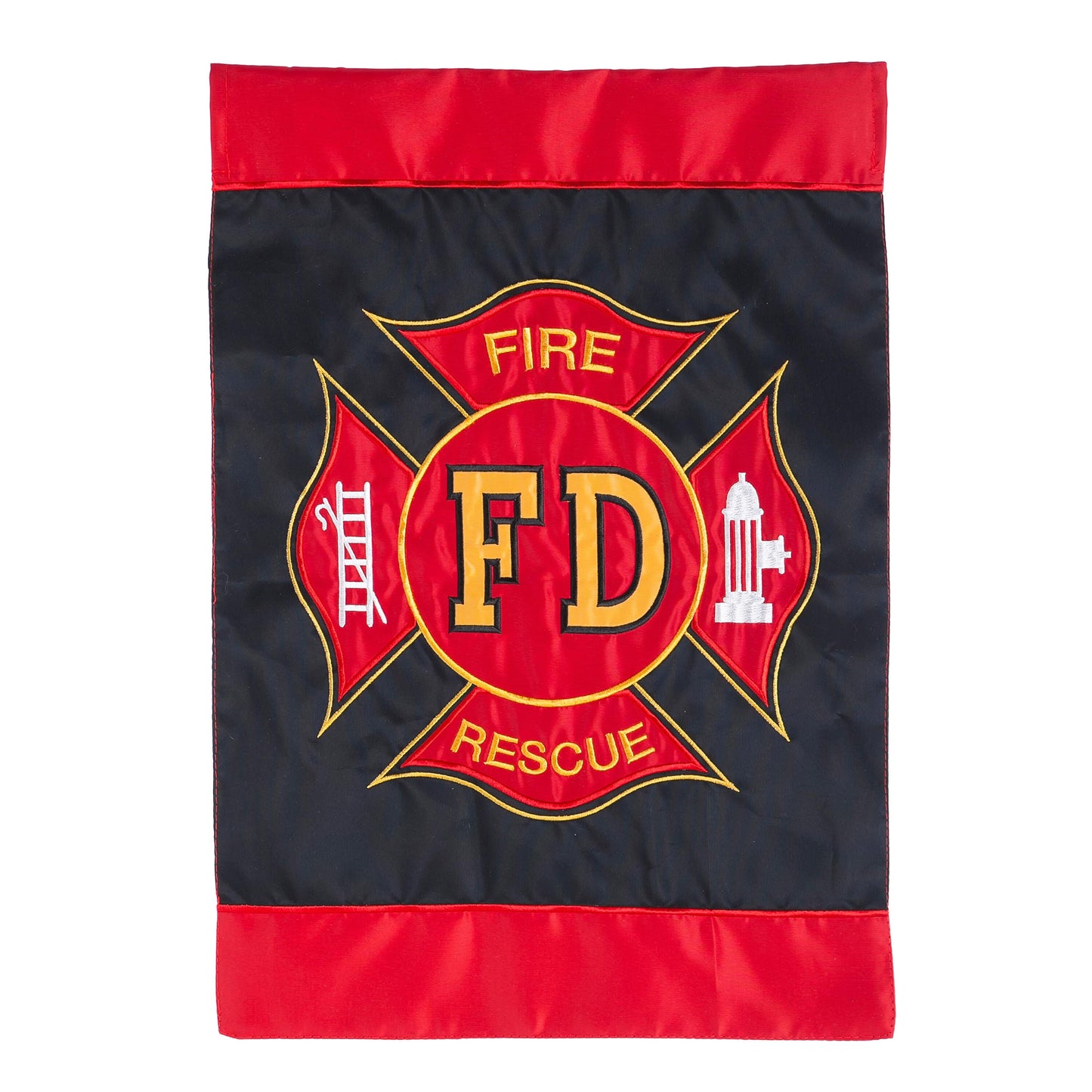 Fire Department Garden Applique Flag red and black with gold FD shield embroidery on Tampa Home & Garden Store