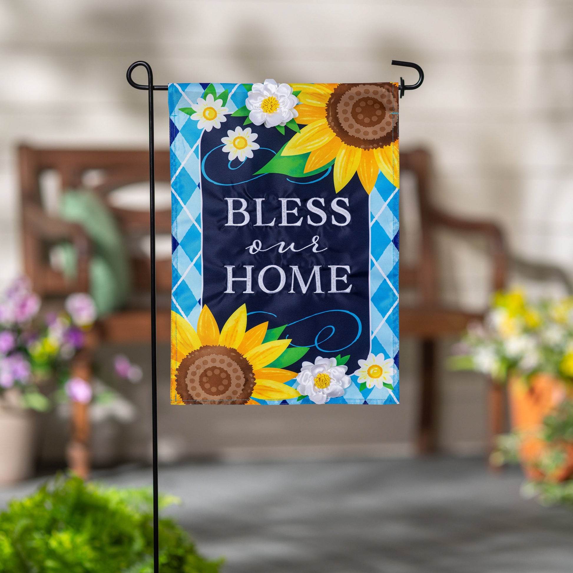 Bless Our Home sunflowers applique garden flag with daisies on blue background on Tampa Home & Garden Store