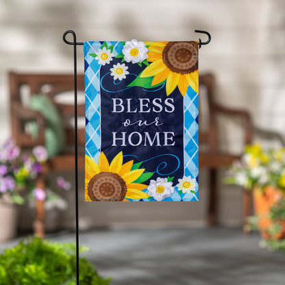Bless Our Home sunflowers applique garden flag with daisies on blue background on Tampa Home & Garden Store