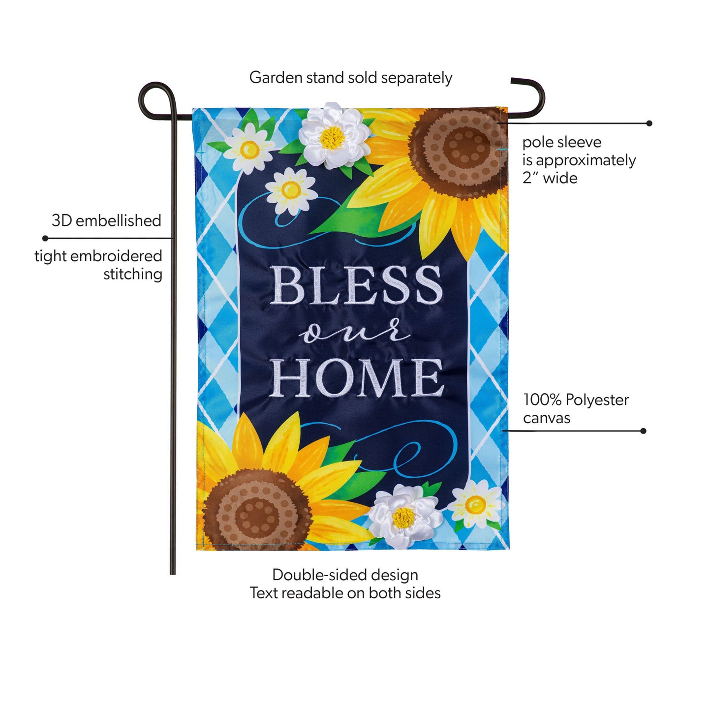 Bless Our Home Sunflowers garden flag, applique, 100% polyester canvas, Evergreen Enterprises on Tampa Home & Garden Store