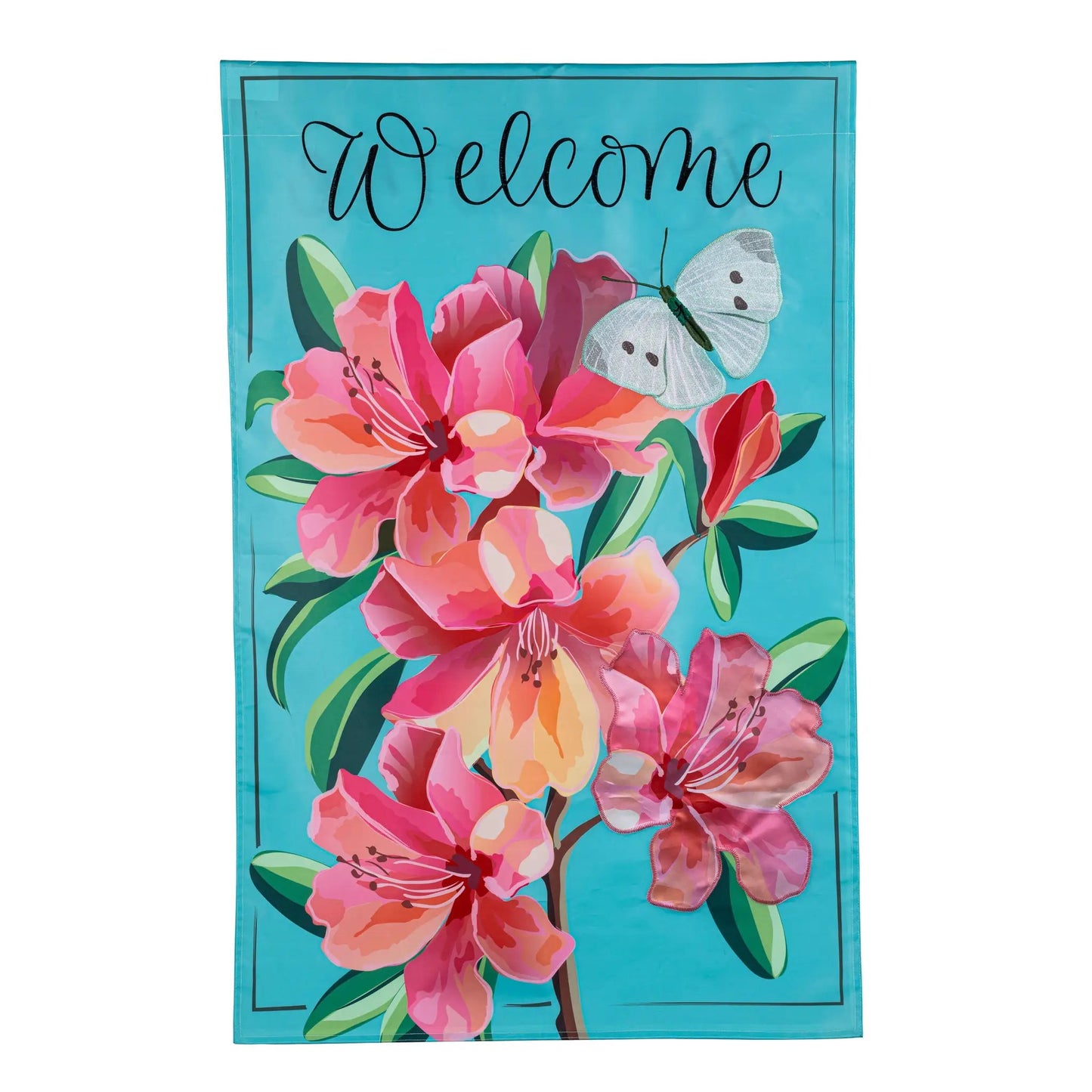 Vivid Azaleas Applique Garden House Flag pink azaleas and white butterfly on Tampa Home & Garden Store