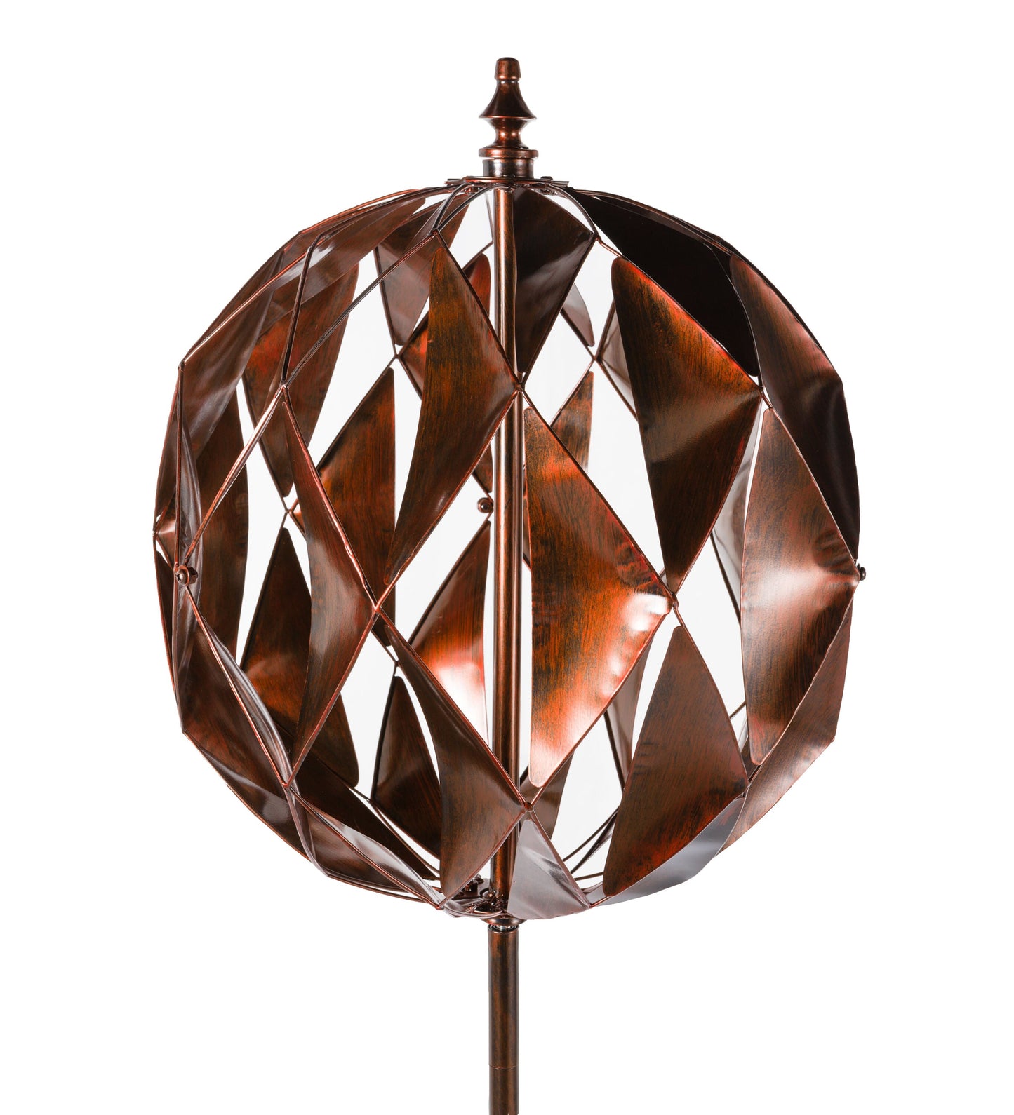 Harlequin Ball Wind Spinner copper-toned metal wind wheel with diamond panels on Tampa Home & Garden Store