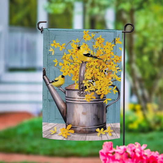 Forsythia Finch Watering Can Suede Garden Flag - Tampa Home & Garden Store