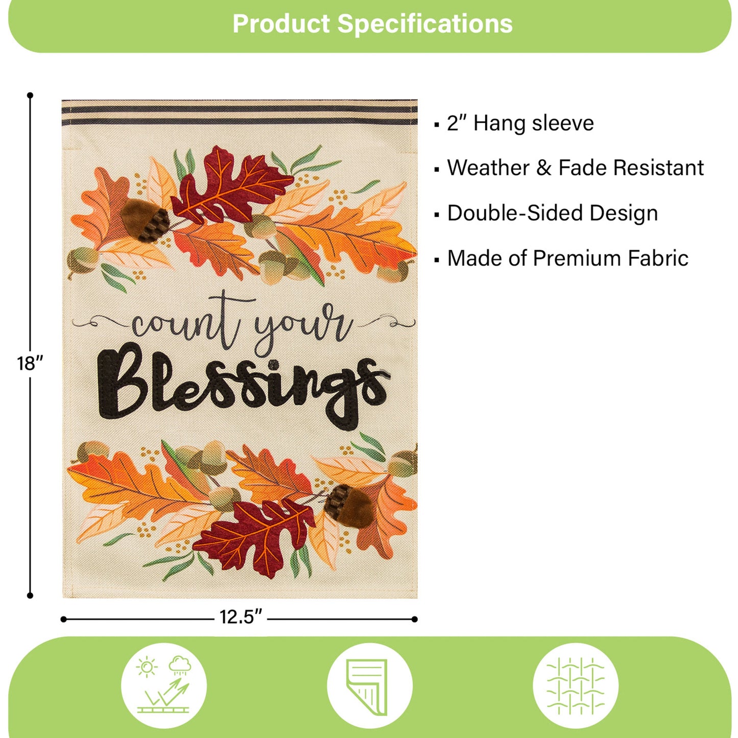 Count Your Blessings burlap garden flag with autumn leaves, 18in x 12.5in, 2in hang sleeve on Tampa Home & Garden Store