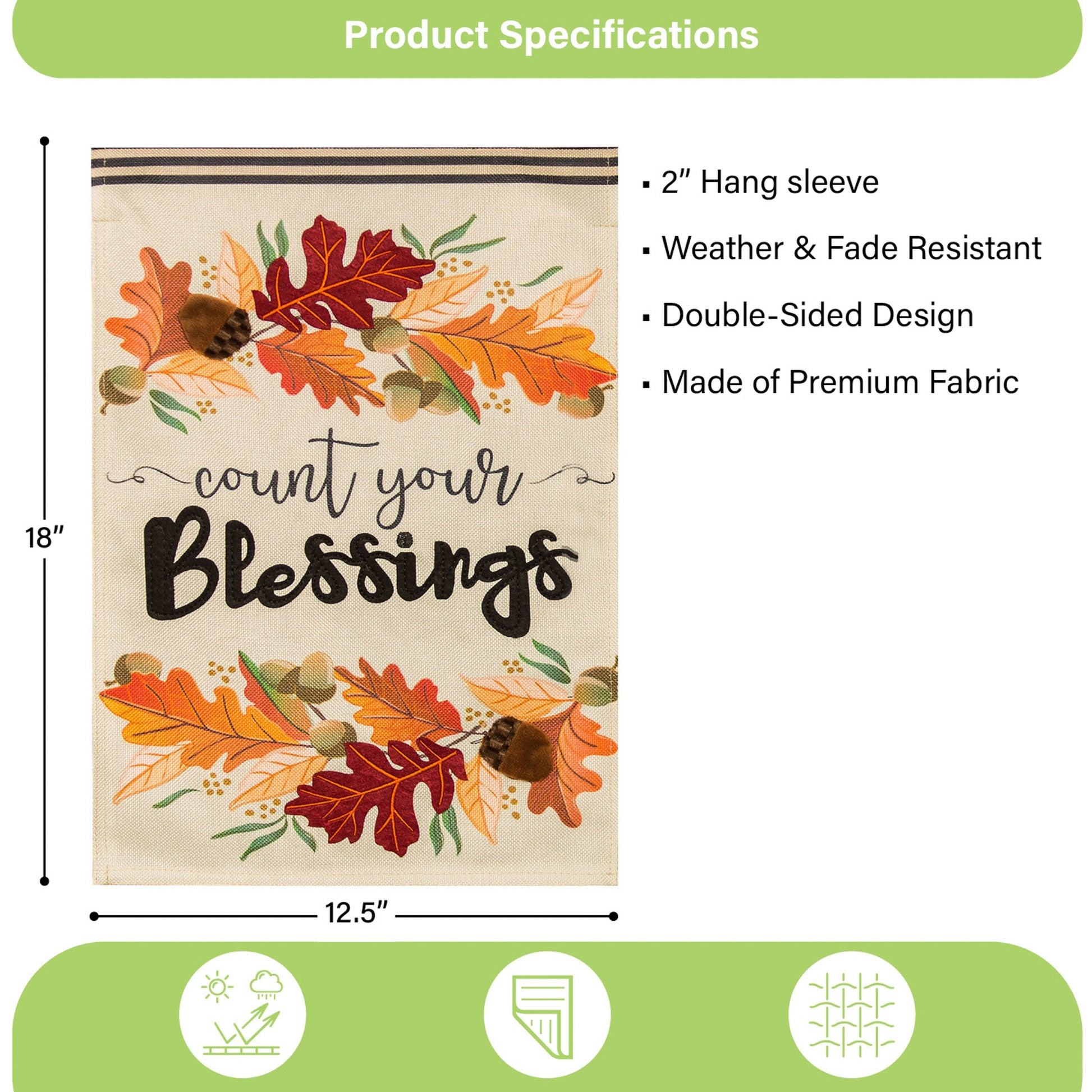 Count Your Blessings burlap garden flag with autumn leaves, 18in x 12.5in, 2in hang sleeve on Tampa Home & Garden Store