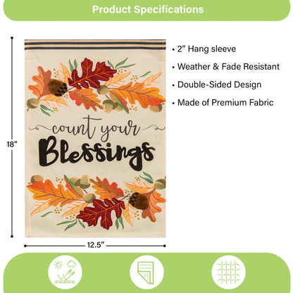 Count Your Blessings burlap garden flag with autumn leaves, 18in x 12.5in, 2in hang sleeve on Tampa Home & Garden Store