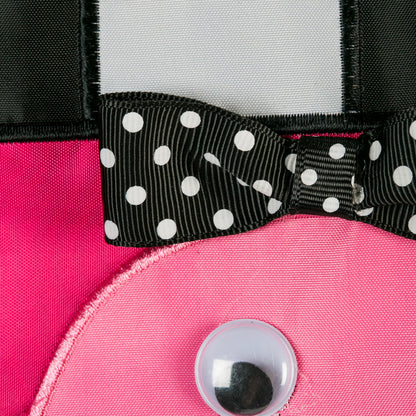 Let's Flamingle Garden Applique Flag close-up on pink fabric with black polka-dot ribbon accents on Tampa Home & Garden Store