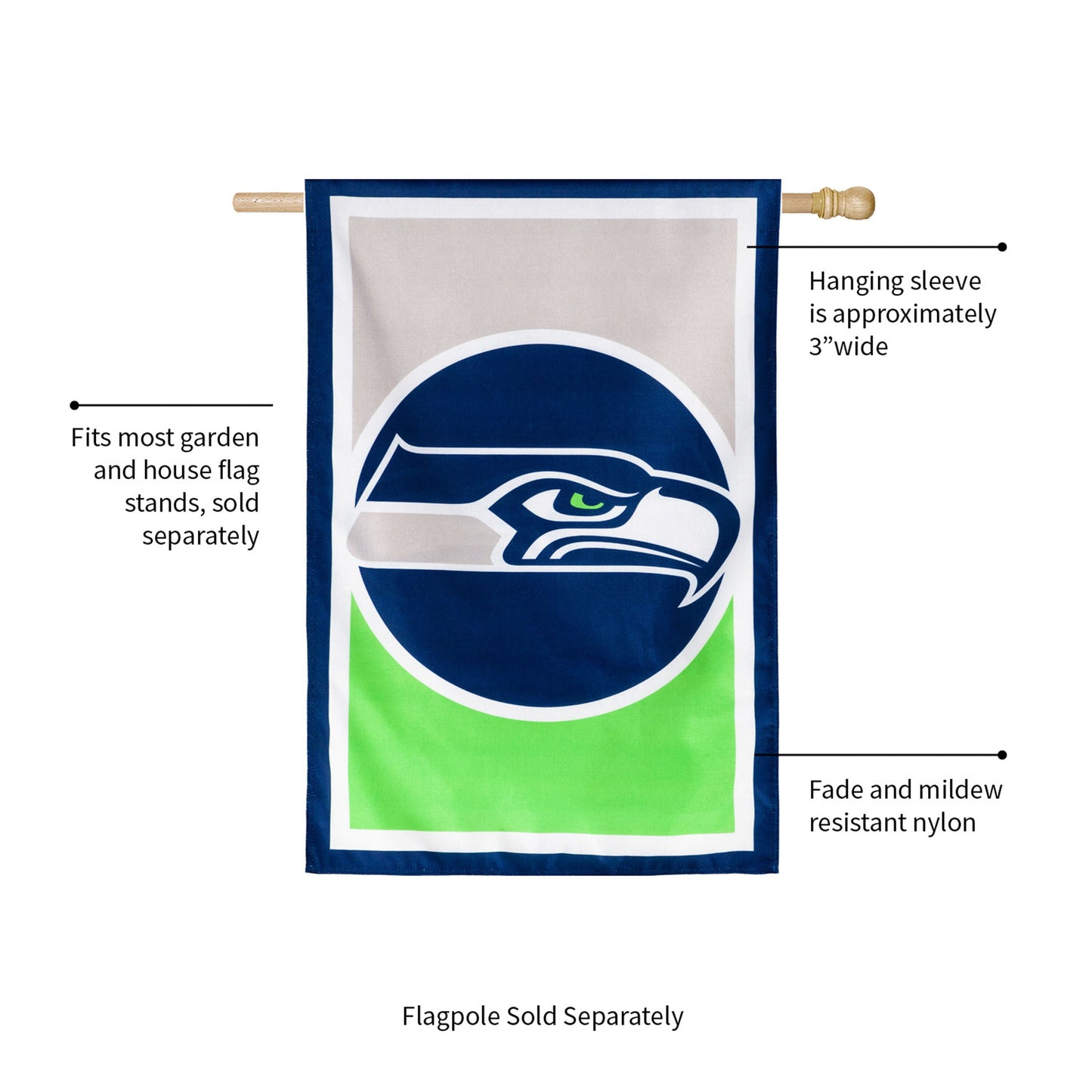 Seattle Seahawks burlap flag by Evergreen Enterprises, blue border, green bottom, wooden rod on Tampa Home & Garden Store