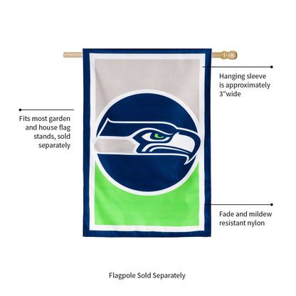 Seattle Seahawks burlap flag by Evergreen Enterprises, blue border, green bottom, wooden rod on Tampa Home & Garden Store